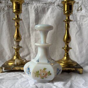 Vintage Hand-Painted Milk Glass Perfume Bottle with Stopper Floral Vanity Decor